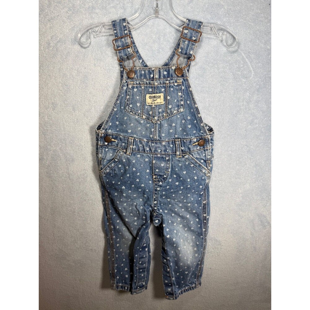 OshKosh B'gosh Girls Denim Heart Print Bib Overalls One-Piece Pockets--12 mos